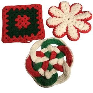 3 Pot Holders Crochet Christmas Holiday Winter Theme Handmade Granny Vintage